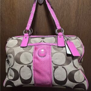 Coach Beige Signature Canvas Shoulder Bag with Pink Trim